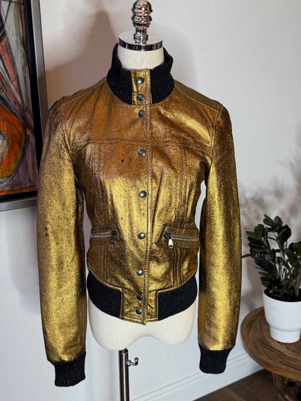 Authentic D&G Dolce & Gabbana Gold Metallic Leather Jacket Size IT 40 US 4/6 Y2K